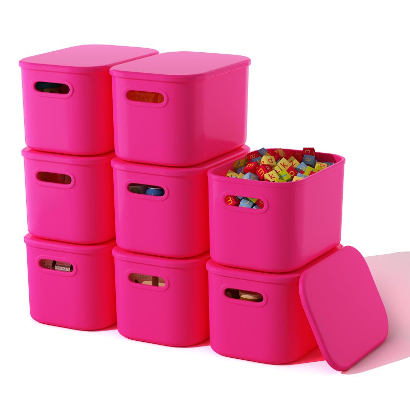 ORGIDOL 8 Pack Pink Storage Bins with Lids Stackable Storage Container for Organizing, Storage Boxes with Handle for Shelves, Cute Storage Bin for Craft, Snacks, 9.85x6.9x5.7 inch - Image 1