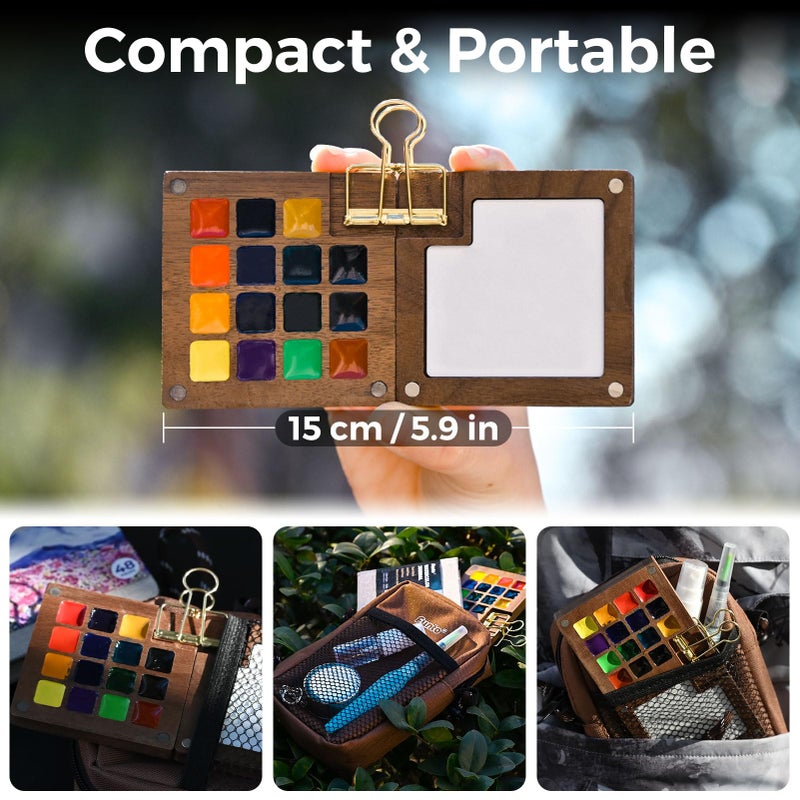 Funto Mini Watercolor Paint Set, All-in-One Walnut Wood 15-Color Premium Pocket Travel Paint Kit, with Crossbody Bag,Watercolor Journal, Metal Clip, Paint Water Cup, Water Brush Ideal for Art Lovers - Image 5