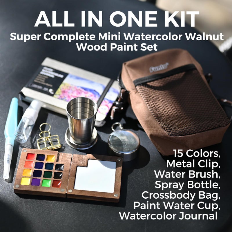 Funto Mini Watercolor Paint Set, All-in-One Walnut Wood 15-Color Premium Pocket Travel Paint Kit, with Crossbody Bag,Watercolor Journal, Metal Clip, Paint Water Cup, Water Brush Ideal for Art Lovers - Image 2