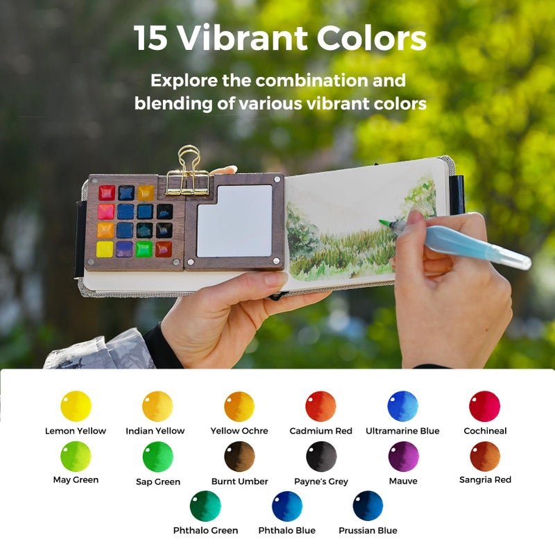 Funto Mini Watercolor Paint Set, All-in-One Walnut Wood 15-Color Premium Pocket Travel Paint Kit, with Crossbody Bag,Watercolor Journal, Metal Clip, Paint Water Cup, Water Brush Ideal for Art Lovers - Image 3