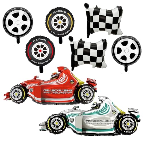 YiYou Race Car Balloons 43 Inch Race Car Birthday Party Decorations Wheel Tire Foil Balloons Two Fast Birthday Decorations Black and White Checkered Balloons Cars Birthday Party Supplies Pack of 8 - Image 1
