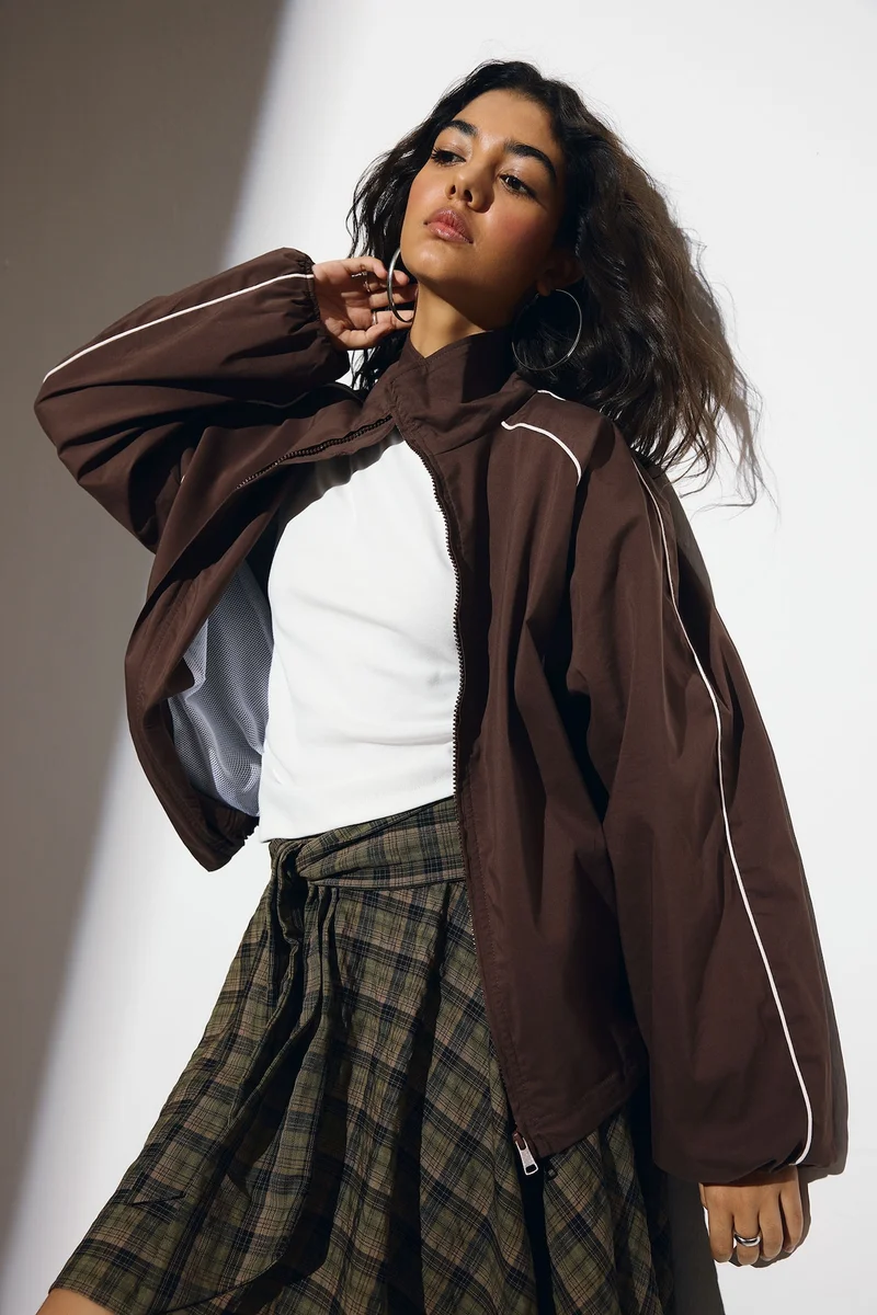 Brown Cotton High Neck Long Sleeve Zip-Up Jacket