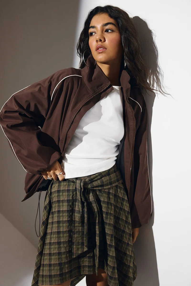 Defacto  Brown Cotton High Neck Long Sleeve Zip-Up Jacket for Women | Best Price UAE