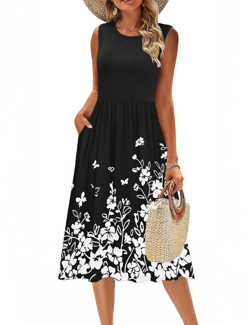 Zeagoo Dresses for Women Summer Sleeveless Tank Midi Casual O-Neck Floral Aline Loose Dress with Pockets Boho Beach Sundress - Image 2
