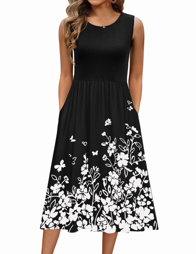 Zeagoo Dresses for Women Summer Sleeveless Tank Midi Casual O-Neck Floral Aline Loose Dress with Pockets Boho Beach Sundress - Image 1