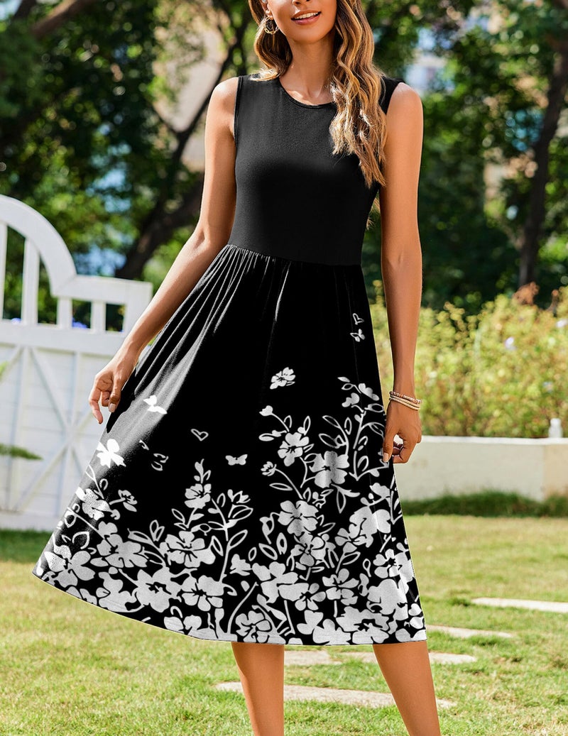 Zeagoo Dresses for Women Summer Sleeveless Tank Midi Casual O-Neck Floral Aline Loose Dress with Pockets Boho Beach Sundress - Image 3