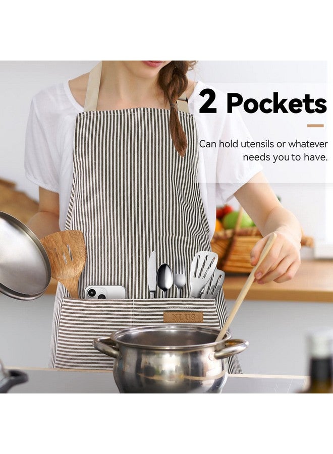 NLUS 2 Pack Kitchen Cooking Aprons, Adjustable Bib Soft Chef Apron With 2 Pockets For Men Women(Black/Brown Stripes) - Image 4