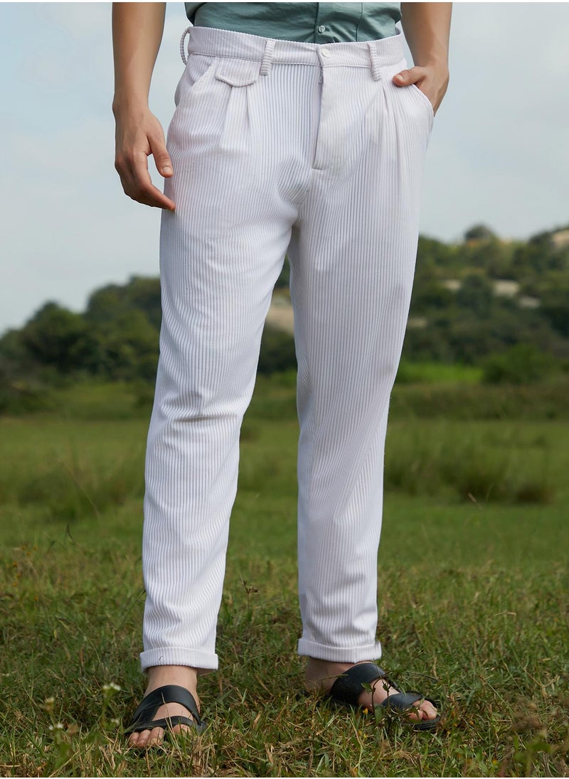 Campus Sutra Men's Daisy White Corduroy Tailored Trousers  - Image 1