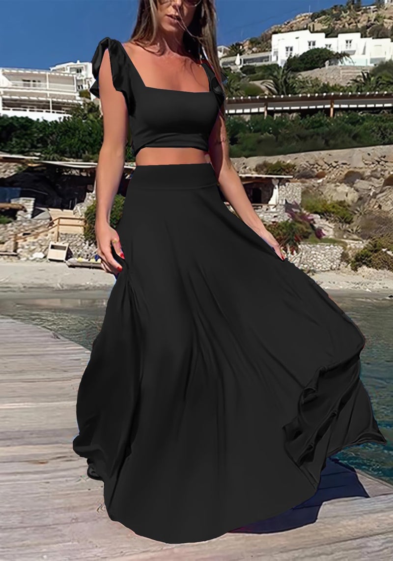Vakkest Womens Summer Sexy 2 Pieces Outfits Ruffle Floral Tank Top Wrap Boho Tropical Long Skirt Set Clubwear Dresses - Image 2