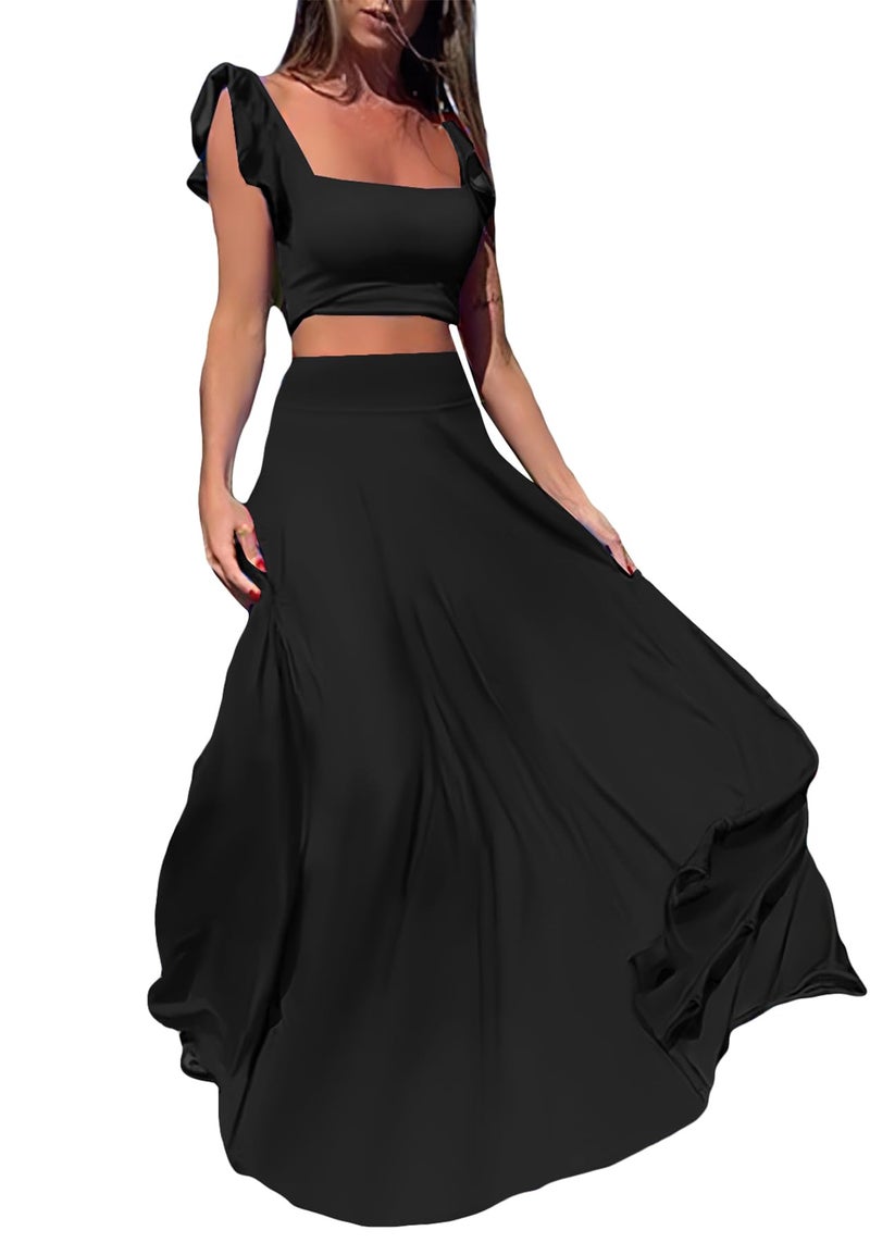 Vakkest Womens Summer Sexy 2 Pieces Outfits Ruffle Floral Tank Top Wrap Boho Tropical Long Skirt Set Clubwear Dresses - Image 1