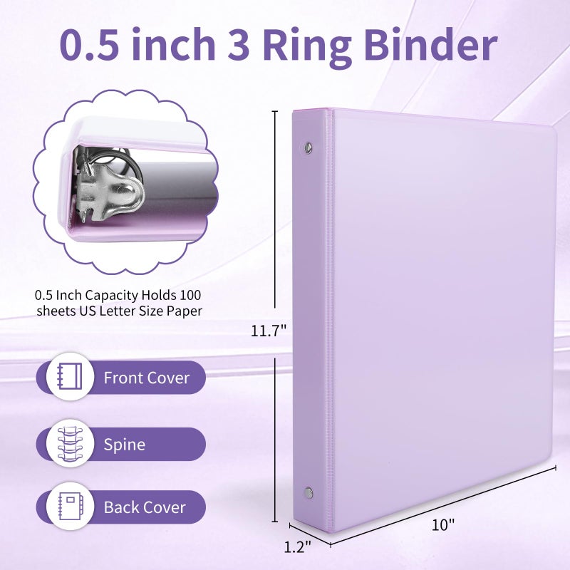 SUQJOY 0.5 inch 3-Ring Binder, 1/2 inch Round Ring Binder with 2 Inside Pockets, Clear View Cover Binders Holds 8.5'' x 11''Paperï¼ŒPastel Color Binders for Office/Home/School Supply, 6 Pack - Image 2