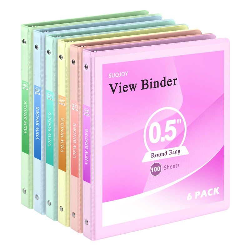 SUQJOY 0.5 inch 3-Ring Binder, 1/2 inch Round Ring Binder with 2 Inside Pockets, Clear View Cover Binders Holds 8.5'' x 11''Paperï¼ŒPastel Color Binders for Office/Home/School Supply, 6 Pack - Image 1