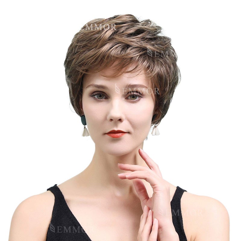 EMMOR Short Brown Human Hair Wigs for Women Blend Pixie Cut Wig With BangNatural Daily Use Hair Color 8T20