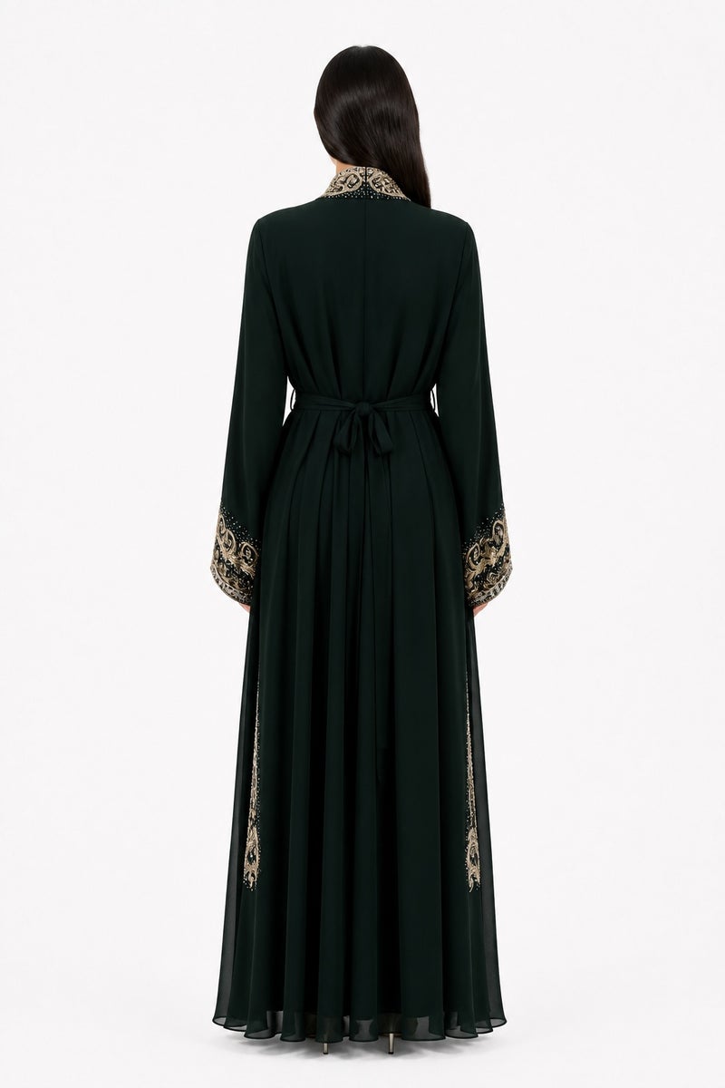 Mohamed Zahabi Women’s Maxi Kaftan with Embroidery and Rhinestones – Emerald Green - Image 4