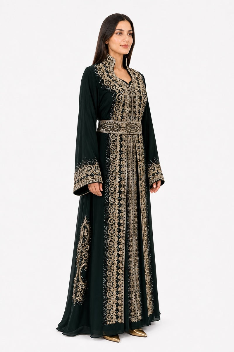 Mohamed Zahabi Women’s Maxi Kaftan with Embroidery and Rhinestones – Emerald Green - Image 3
