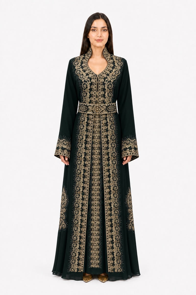 Mohamed Zahabi Women’s Maxi Kaftan with Embroidery and Rhinestones – Emerald Green - Image 1