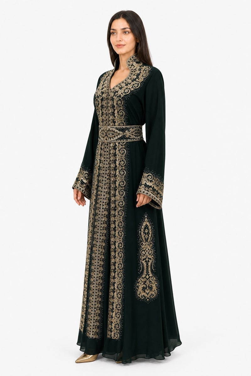 Mohamed Zahabi Women’s Maxi Kaftan with Embroidery and Rhinestones – Emerald Green - Image 2