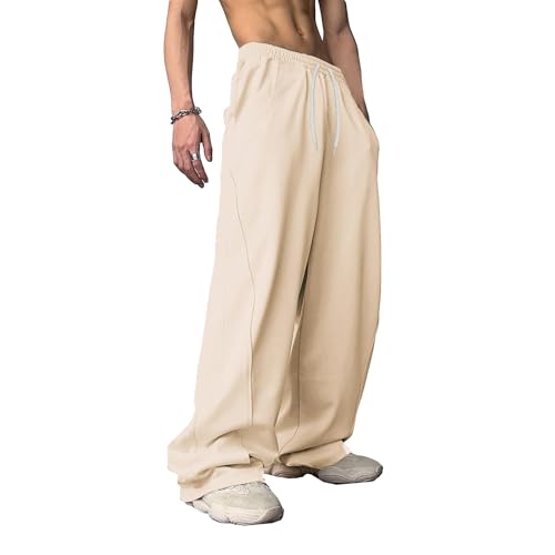 WZIKAI Men's Baggy Sweatpants Elastic Waist Drawstring Wide Leg Sweatpants Casual Loose Baggy Joggers with Pockets Beige S - Image 3