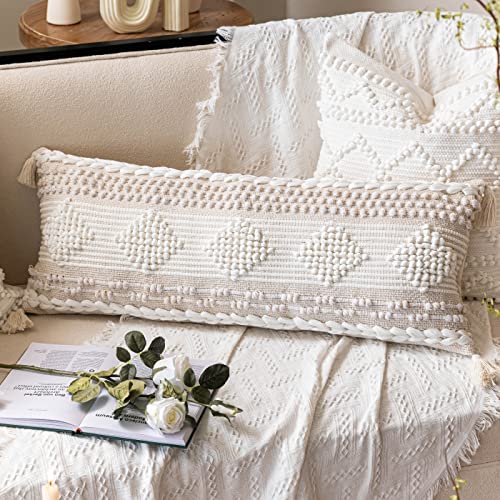 BlissBlush Cream Decorative Lumbar Throw Pillow Cover 14x36 Boho Long Cushion for Bed Neutral Beige White Accent Modern Farmhouse Pillowcase for Bedroom Living Room Couch Sofa Home Dcor Cover ONLY