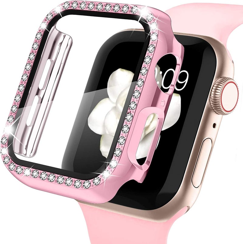 FOLX FAB25 Apple Diamond Watch Case with Glass Screen Protector Compatible with Apple iWatch Series 7/6/5/4/3/2/1/SE, Bling Crystal Diamond Rhinestone for Women Girls iWatch (45MM, Rose Pink) - Image 1