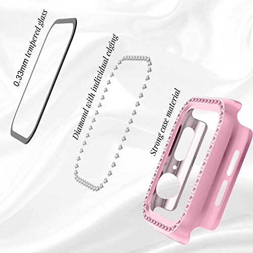 FOLX FAB25 Apple Diamond Watch Case with Glass Screen Protector Compatible with Apple iWatch Series 7/6/5/4/3/2/1/SE, Bling Crystal Diamond Rhinestone for Women Girls iWatch (45MM, Rose Pink) - Image 2