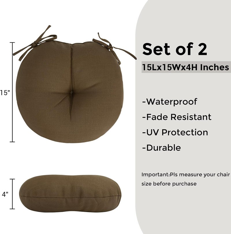 FUNHOME Bistro Chair Cushions 15 inch,Set of 2,Tufted Round Chair Cushions with Ties,15"x15"x4",Water Resistant Round Seat Cushion for Barstool Chairs,Patio Garden Kitchen Outdoor Furniture(Coffee Brown) - Image 3