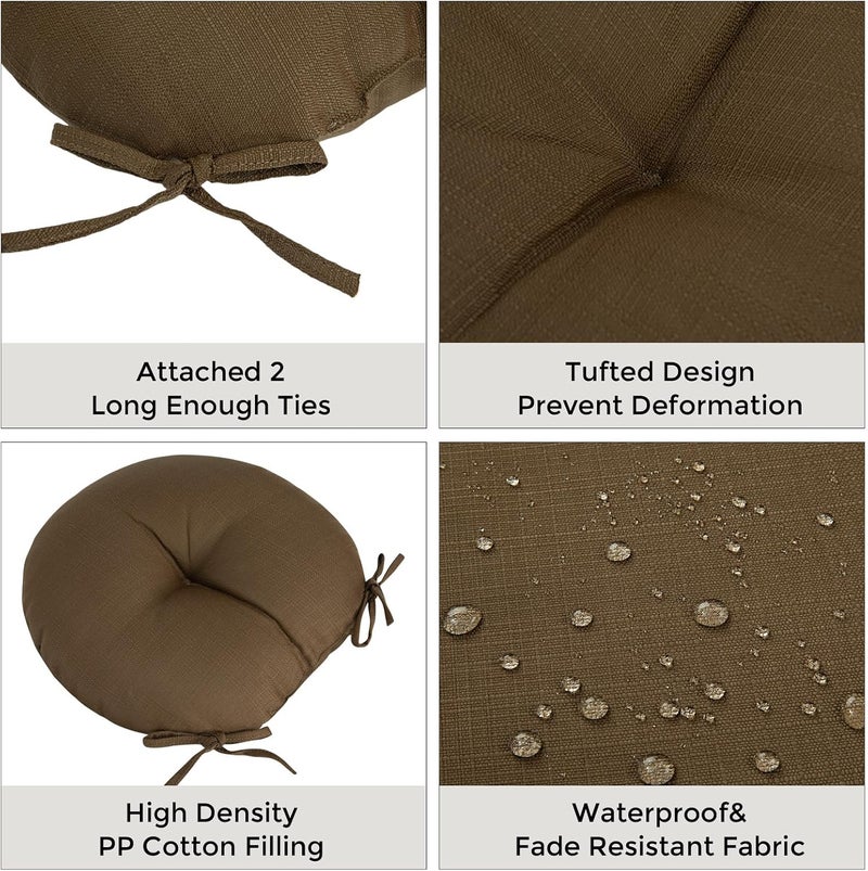 FUNHOME Bistro Chair Cushions 15 inch,Set of 2,Tufted Round Chair Cushions with Ties,15"x15"x4",Water Resistant Round Seat Cushion for Barstool Chairs,Patio Garden Kitchen Outdoor Furniture(Coffee Brown) - Image 4
