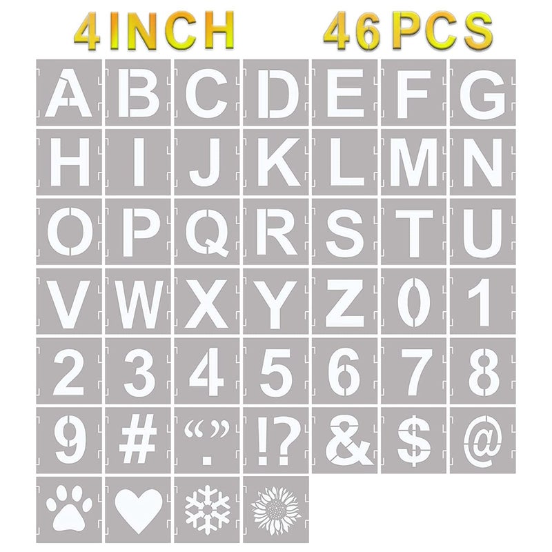 DEQUERA Dequera 46 Pcs Letter Stencils Symbol Numbers Craft Stencils Reusable Alphabet Templates Interlocking Stencil Kit for Painting on Wood Wall Fabric Rock Chalkboard Sign DIY Art Projects 4 Inch
