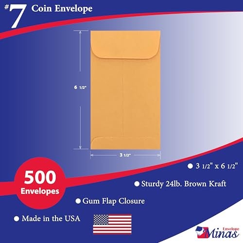 Minas Envelope 500 Minas Envelope Coin/Cash/Small Parts #7 Kraft Envelopes, 3-1/2" X 6-1/2", 24lb, 500/box - Image 2