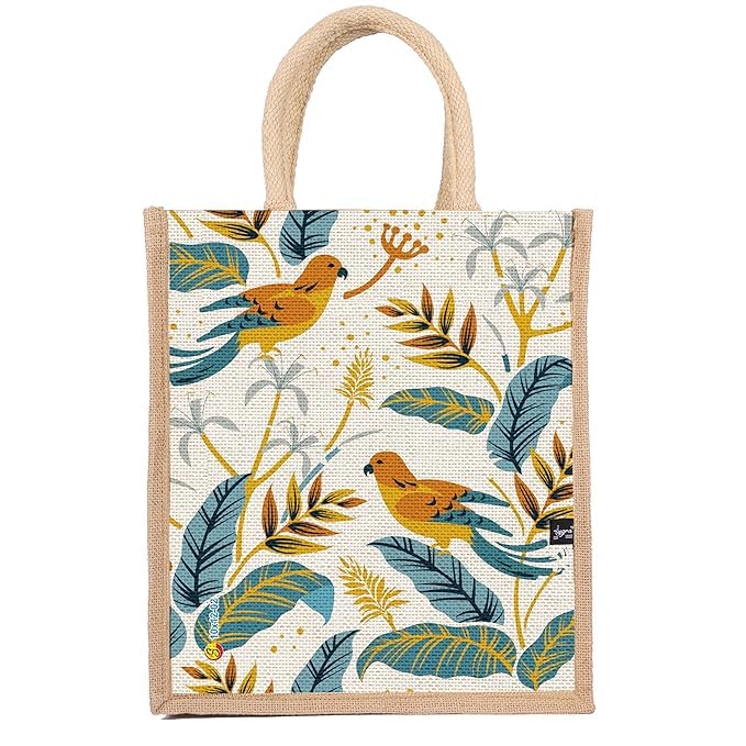Sangra Multicolor Jute bag for Women and Men Lunch Bag with Zip and Handle (Small) (Pack of Two) (Two Birds) - Image 2