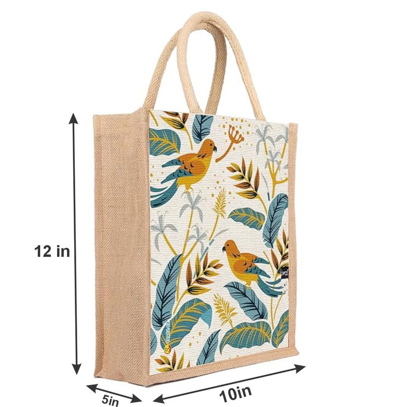 Sangra Multicolor Jute bag for Women and Men Lunch Bag with Zip and Handle (Small) (Pack of Two) (Two Birds) - Image 5