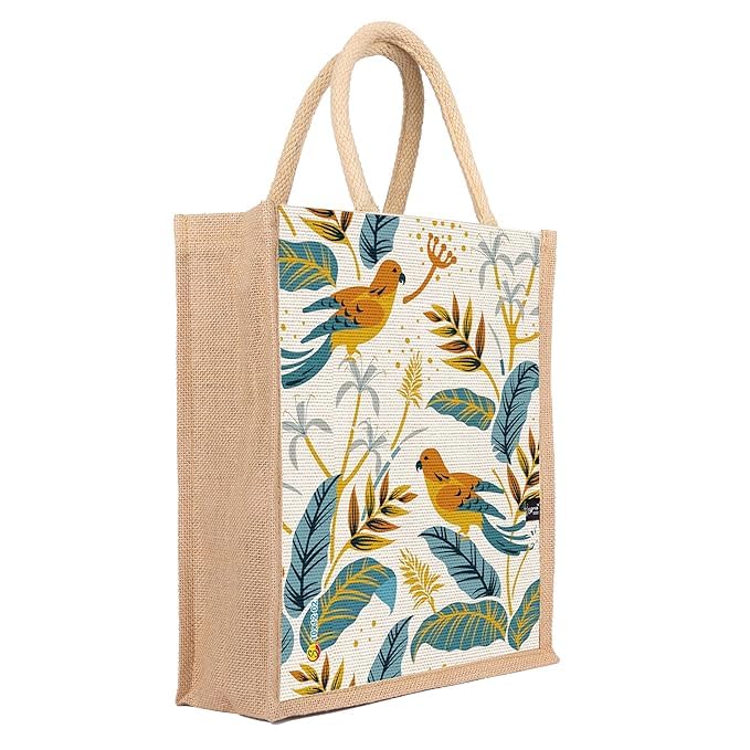 Sangra Multicolor Jute bag for Women and Men Lunch Bag with Zip and Handle (Small) (Pack of Two) (Two Birds) - Image 3