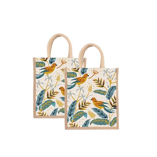 Sangra Multicolor Jute bag for Women and Men Lunch Bag with Zip and Handle (Small) (Pack of Two) (Two Birds) - Image 1