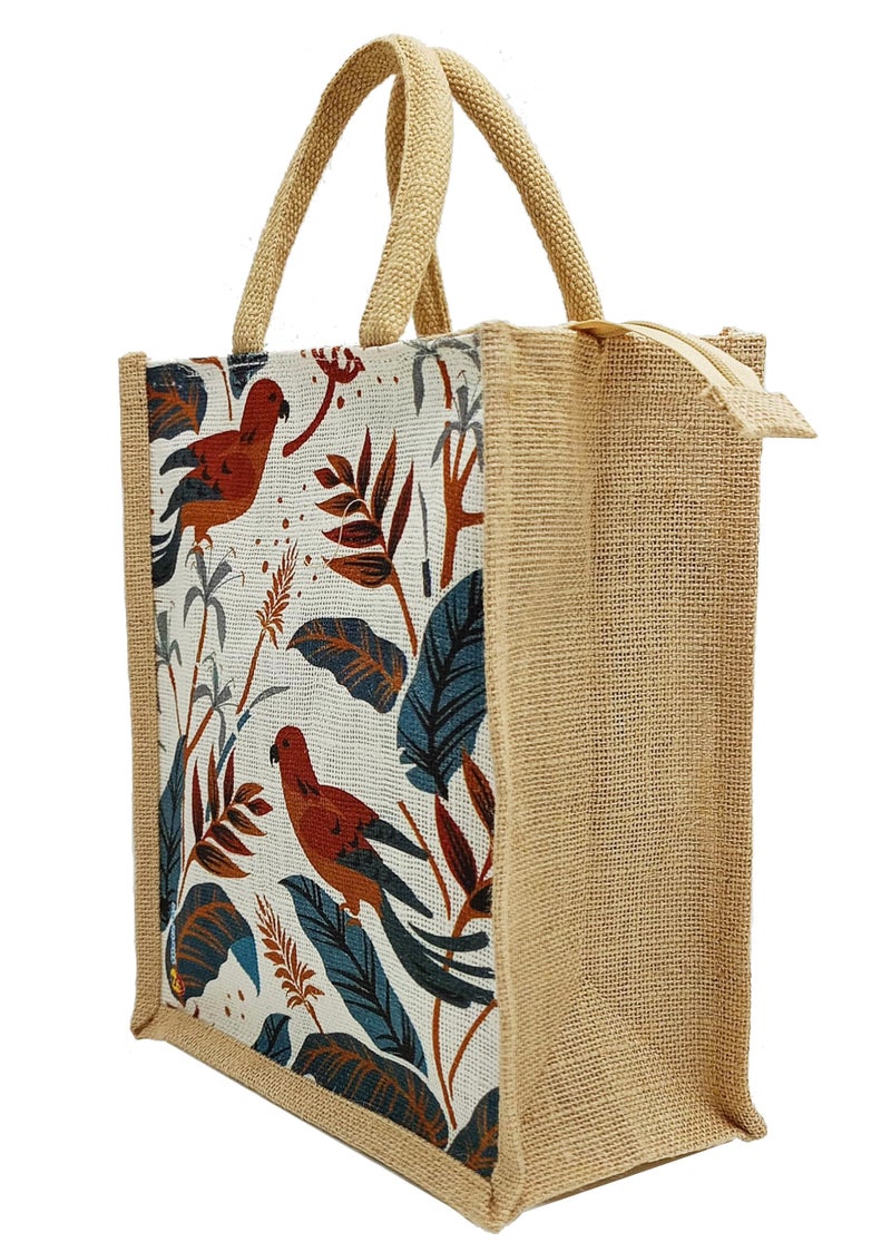 Sangra Multicolor Jute bag for Women and Men Lunch Bag with Zip and Handle (Small) (Pack of Two) (Two Birds) - Image 4