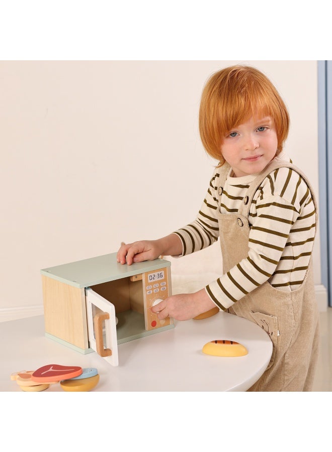 COGNIKIDS Wooden Microwave Oven Toy Set – Montessori Pretend Play Kitchen Appliance for Toddlers – Realistic Role Play Cooking Toy with Play Food – Early Educational Kitchen Set for Kids Ages 3+ - Image 5