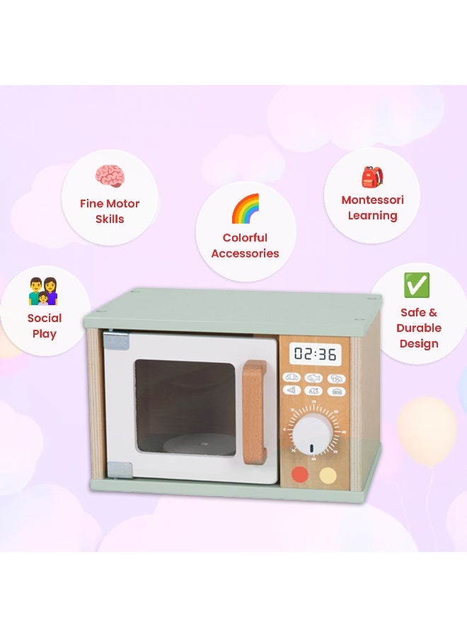 COGNIKIDS Wooden Microwave Oven Toy Set – Montessori Pretend Play Kitchen Appliance for Toddlers – Realistic Role Play Cooking Toy with Play Food – Early Educational Kitchen Set for Kids Ages 3+ - Image 3