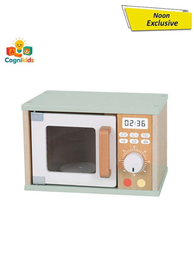 COGNIKIDS مجموعة ألعاب ميكروويف خشبية – جهاز مطبخ للعب التظاهر مونتيسوري للأطفال – لعبة طهي واقعية مع طعام للعب – مجموعة مطبخ تعليمية مبكرة للأطفال من عمر 3 سنوات وما فوق - Image 1