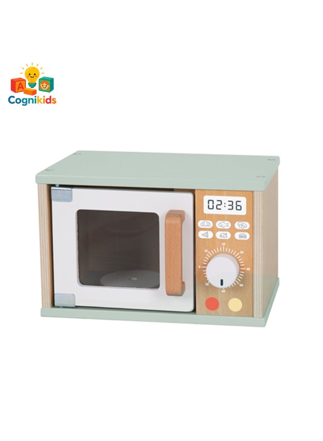 COGNIKIDS Wooden Microwave Oven Toy Set – Montessori Pretend Play Kitchen Appliance for Toddlers – Realistic Role Play Cooking Toy with Play Food – Early Educational Kitchen Set for Kids Ages 3+ - Image 2