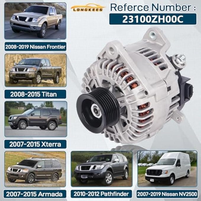 LONGKEES 12V 130A Alternator FIT Nissan Frontier 20082019, Titan 20082015, Xterra, Armada, NV2500 Replace OE# 11256N, 23100ZH00A, 23100ZH00C - Image 2