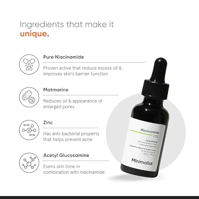 Minimalist 10% Niacinamide Serum for Acne Control & Oil Balancing with Zinc | Pore Minimizer for Face | Clears Acne Marks & Blemishes for Even Skin Tone | For Women & Men | 1 Fl Oz / 30 ml - Image 4