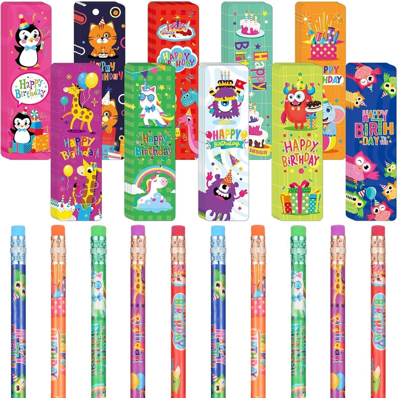 Noveread 100 Pcs Happy Birthday Scented Pencils and Scented Bookmarks Bulk Set, 50 Scratch and Sniff Bookmarks 50 Scented Colored Pencils with Eraser for School Office Reward Birthday Supplies - Image 1