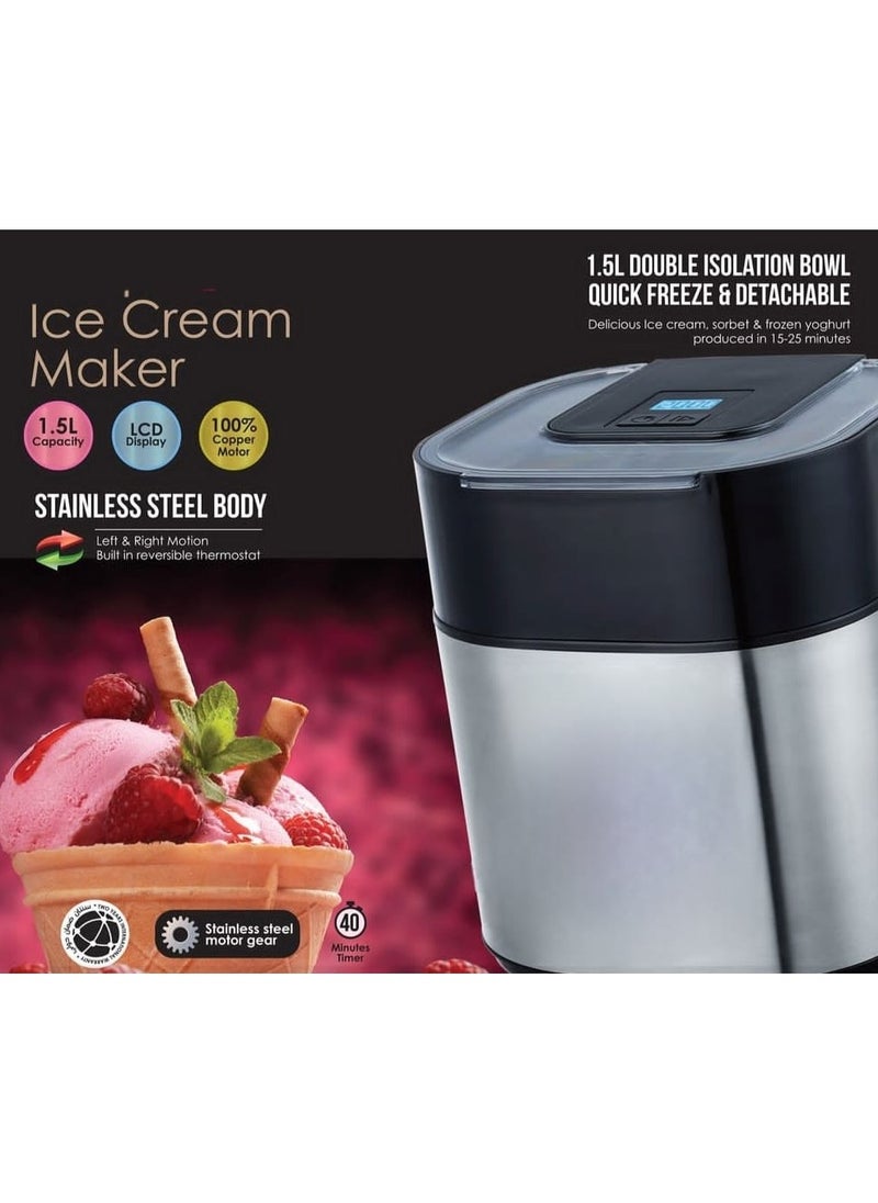 Generic - Electric Ice Cream Maker 1.5L Double Isolation Bowl with LCD Display and Timer Function, Ready in 25 Min, Portable Ice Cream Machine for Home, Ideal for Making Sorbet, Frozen Yogurt & Dessert - Image 1