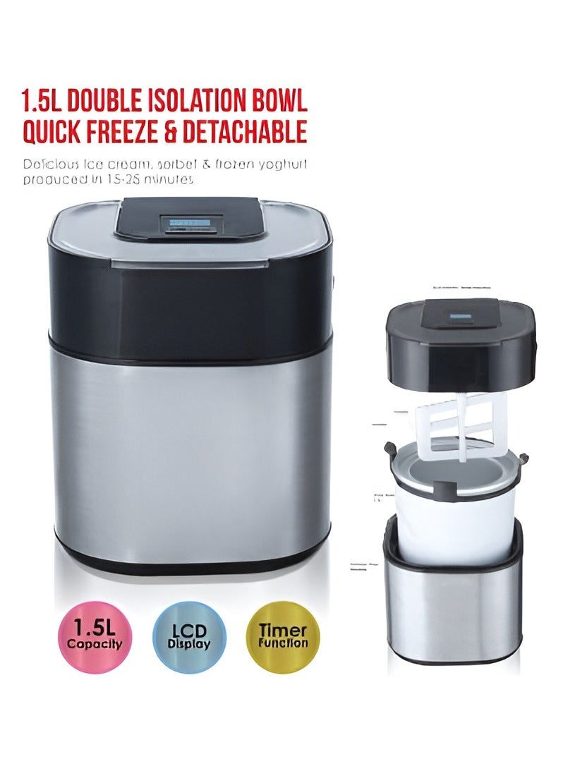 Generic - Electric Ice Cream Maker 1.5L Double Isolation Bowl with LCD Display and Timer Function, Ready in 25 Min, Portable Ice Cream Machine for Home, Ideal for Making Sorbet, Frozen Yogurt & Dessert - Image 1