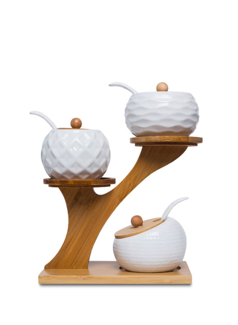 Arabest Porcelain Spice Jar Set, Spice Jar with Bamboo Lid and Spoon, Wooden Tray, 170 ml, Set of 3 (White) - Image 1