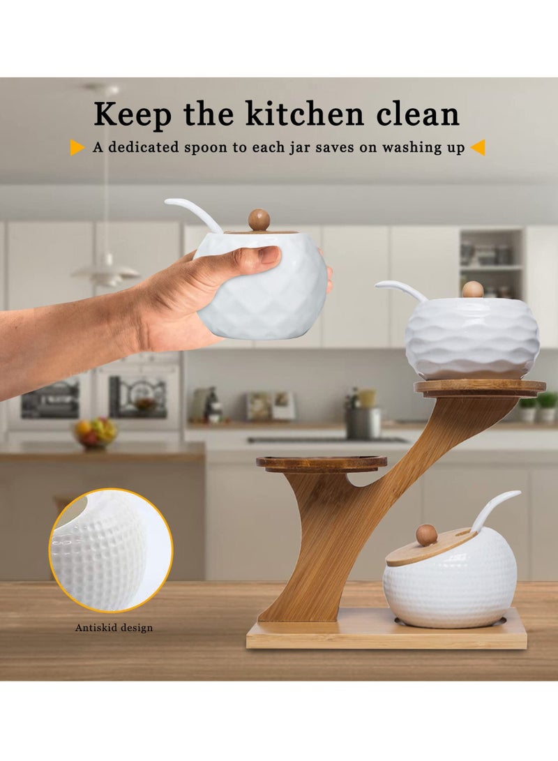 Arabest Porcelain Spice Jar Set, Spice Jar with Bamboo Lid and Spoon, Wooden Tray, 170 ml, Set of 3 (White) - Image 2