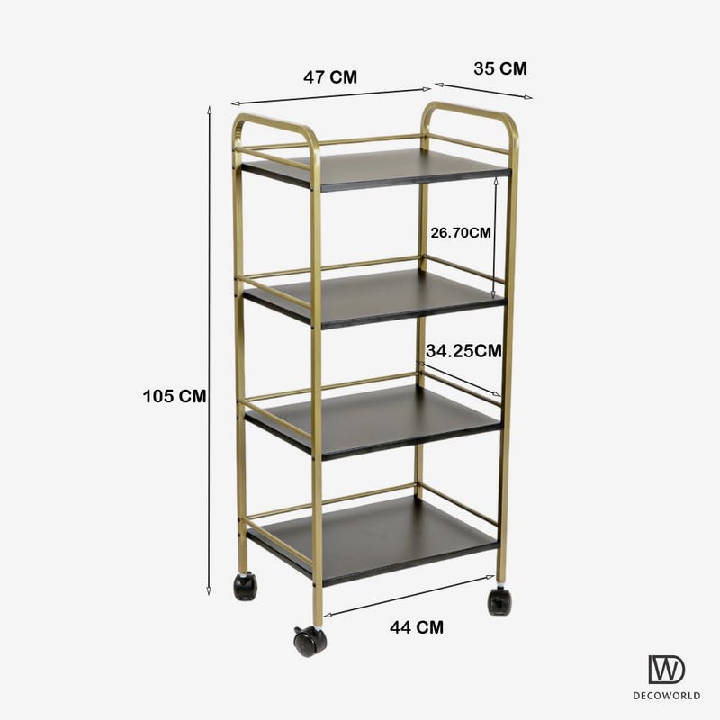 DECOWORLD 4 Tier Premium Metal Rolling Trolley Cart Stand with Wheels Multifunctional Stand with Storage Rack Shelves Space Saving Stand for Kitchen Bathroom Home and Office Black Gold - Image 3