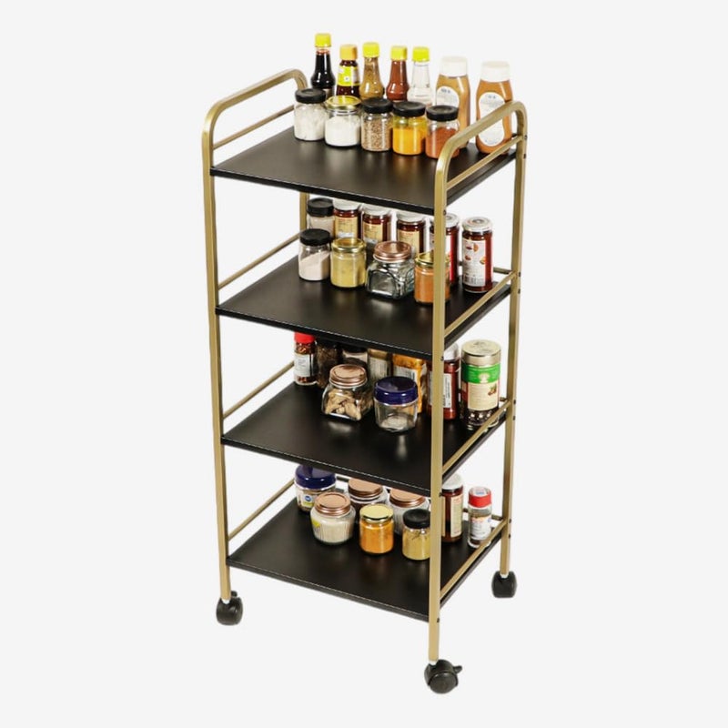 DECOWORLD 4 Tier Premium Metal Rolling Trolley Cart Stand with Wheels Multifunctional Stand with Storage Rack Shelves Space Saving Stand for Kitchen Bathroom Home and Office Black Gold - Image 1