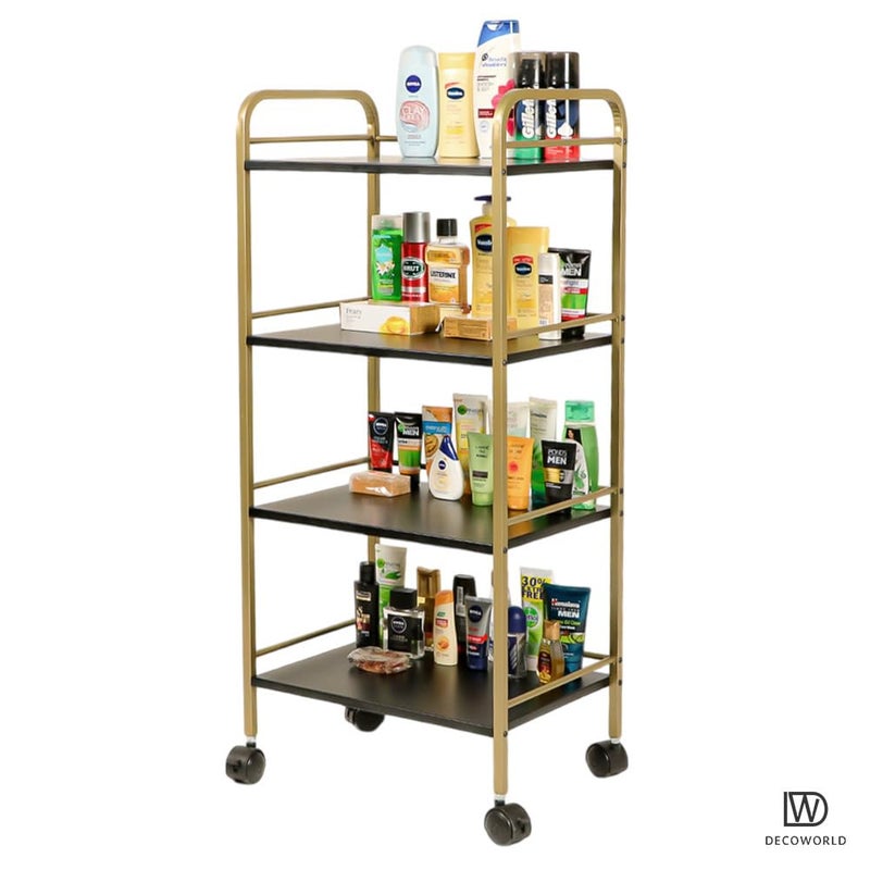 DECOWORLD 4 Tier Premium Metal Rolling Trolley Cart Stand with Wheels Multifunctional Stand with Storage Rack Shelves Space Saving Stand for Kitchen Bathroom Home and Office Black Gold - Image 4