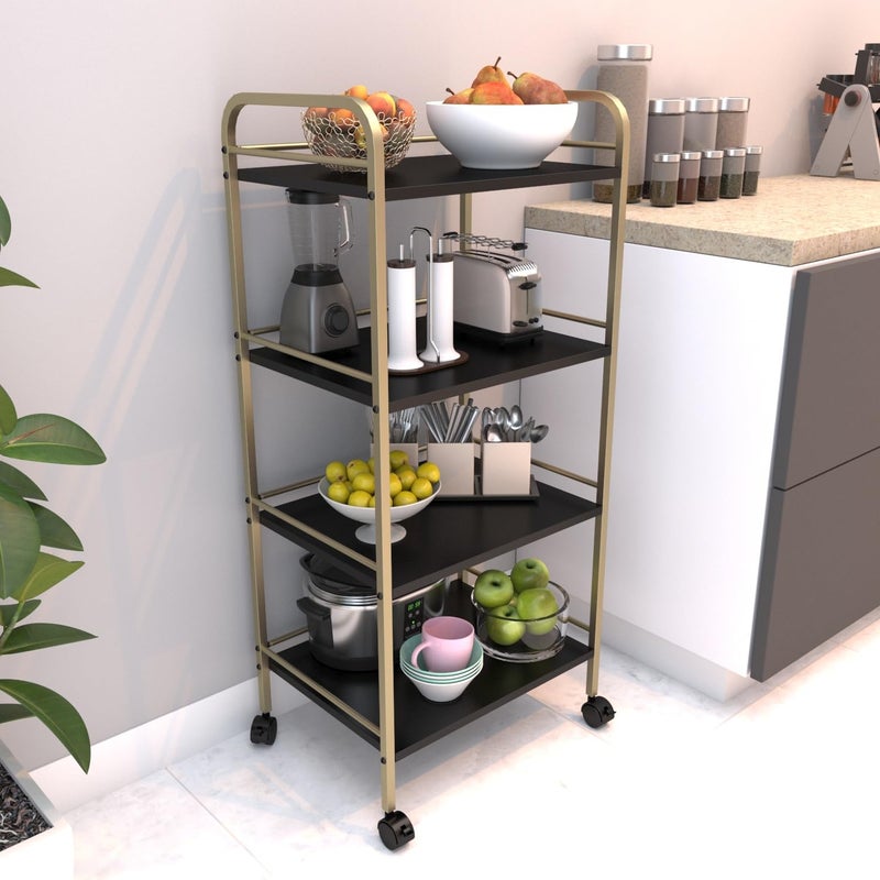 DECOWORLD 4 Tier Premium Metal Rolling Trolley Cart Stand with Wheels Multifunctional Stand with Storage Rack Shelves Space Saving Stand for Kitchen Bathroom Home and Office Black Gold - Image 2