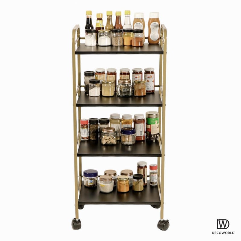 DECOWORLD 4 Tier Premium Metal Rolling Trolley Cart Stand with Wheels Multifunctional Stand with Storage Rack Shelves Space Saving Stand for Kitchen Bathroom Home and Office Black Gold - Image 5